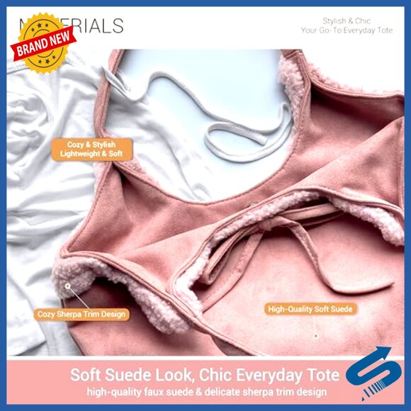 Large Slouchy Hobo Tote Bag with Sherpa Trim, Faux Suede Shoulder Purse - Picture 4 of 7